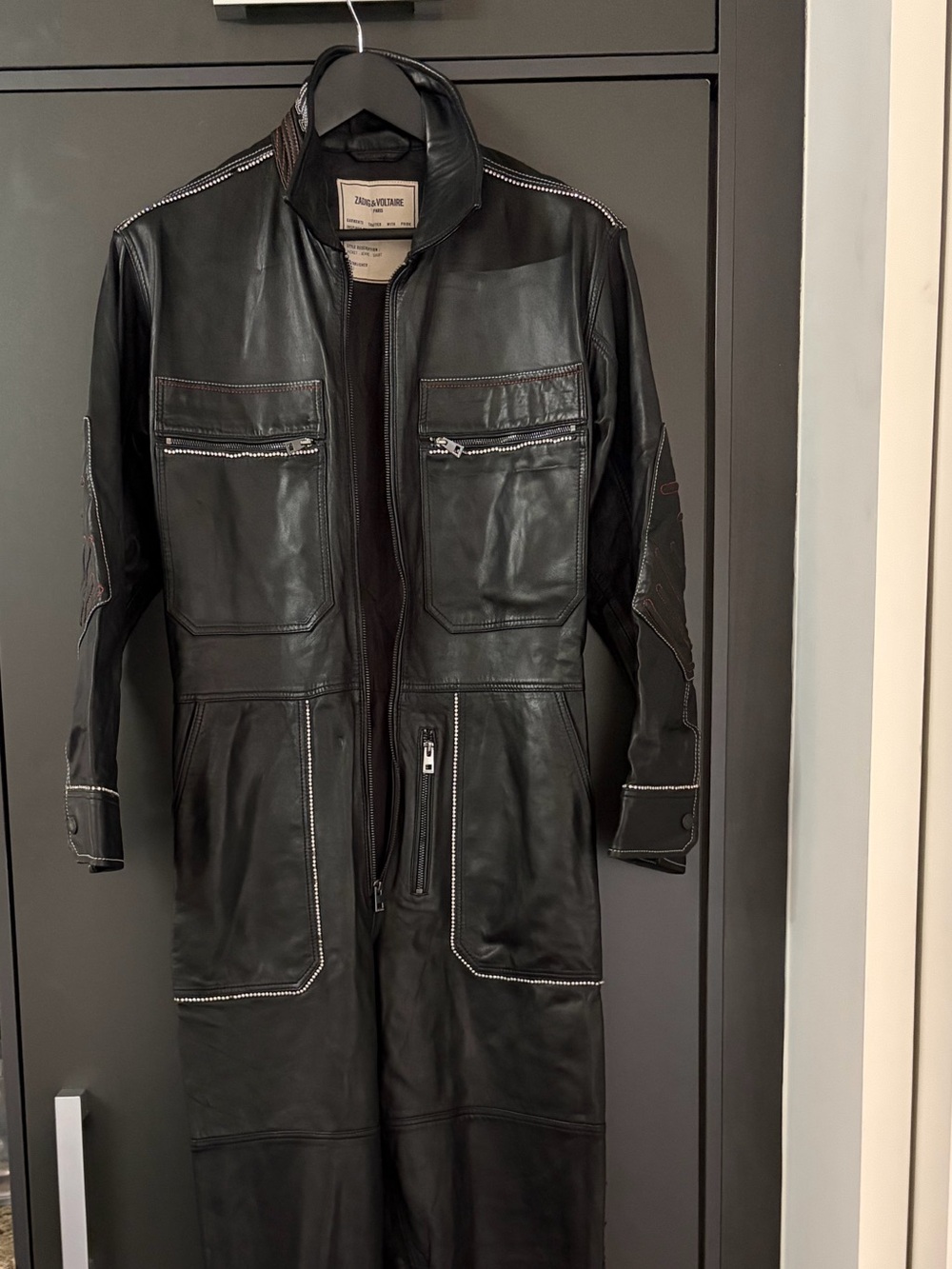 Zadig & Voltaire Black Leather Jumpsuit with Contrast Stitching and Crystal